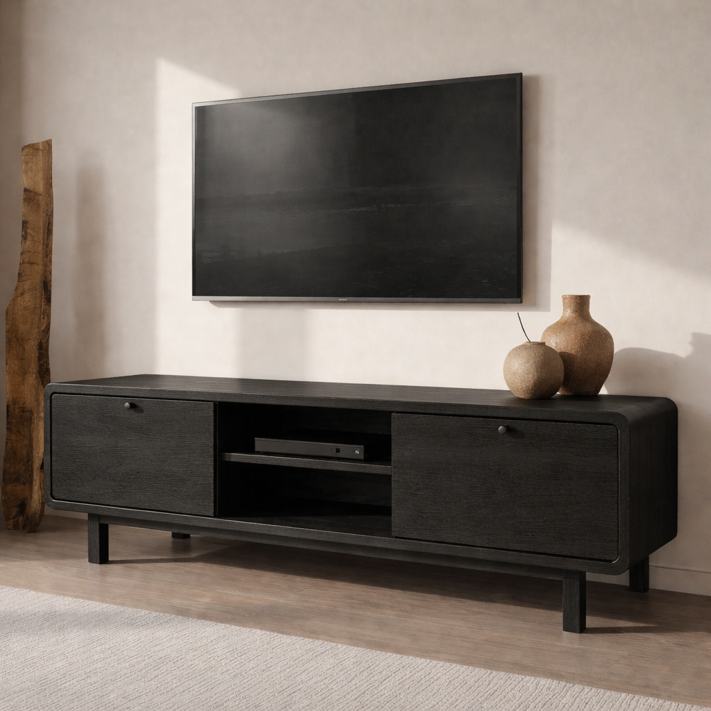 Minimalist Solid Wood TV Stand with Sliding Doors – Modern Rustic Media Console
