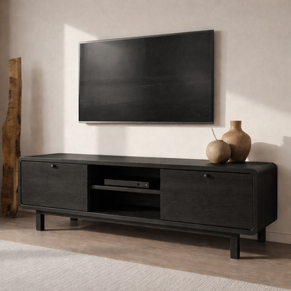 Minimalist Solid Wood TV Stand with Sliding Doors – Modern Rustic Media Console