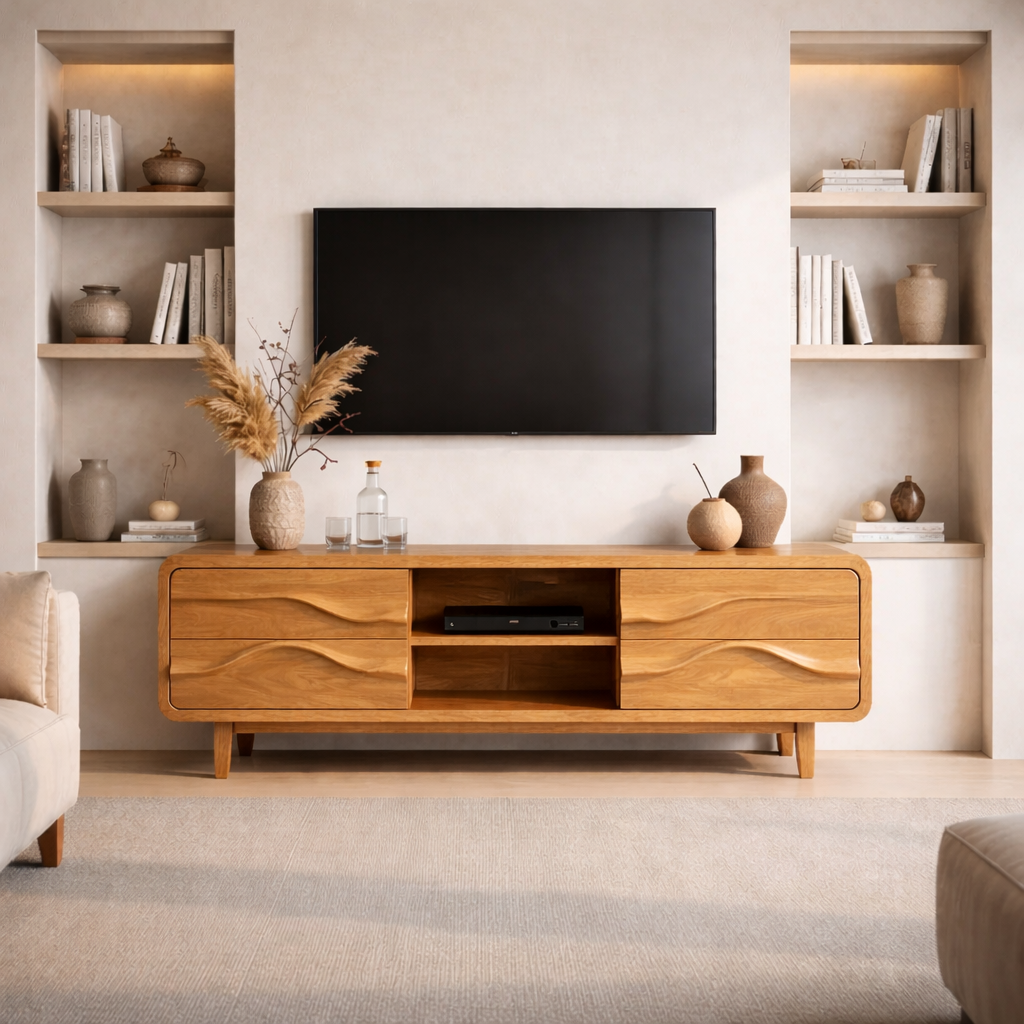 Solid Wood TV Stand with Carved Wave Front – Modern Rustic Media Console