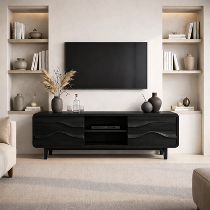 Solid Wood TV Stand with Carved Wave Front – Modern Rustic Media Console