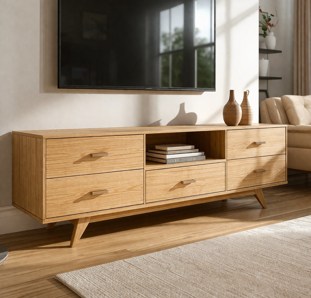 Mid-Century Solid Wood TV Stand with Drawers – Modern Walnut Media Console