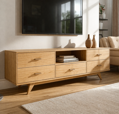 Mid-Century Solid Wood TV Stand with Drawers – Modern Walnut Media Console