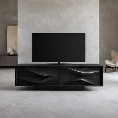 Solid Wood TV Stand with Sculpted Wave Doors – Modern Minimalist Media Console