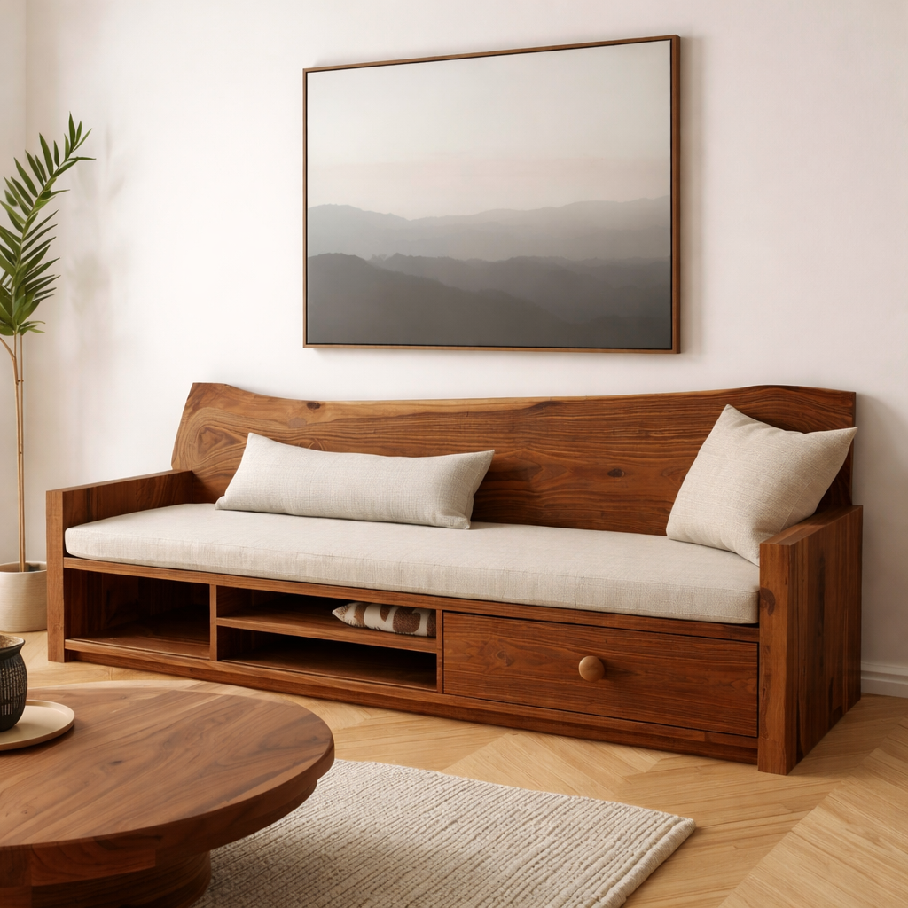 Solid Wood Storage Sofa – Rustic Wooden Bench Sofa with Drawer Shelf