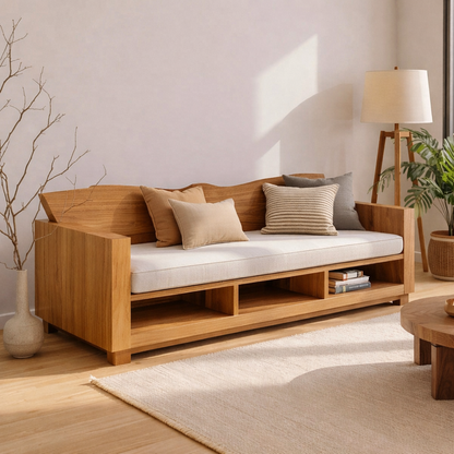 Walnut Solid Wood Sofa with Storage Shelf – Modern Wooden Living Room Sofa