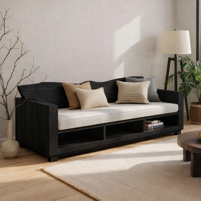 Walnut Solid Wood Sofa with Storage Shelf – Modern Wooden Living Room Sofa