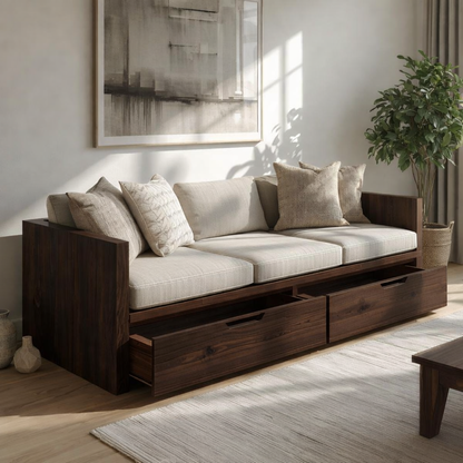Solid Wood Storage Sofa – Walnut Wooden Sofa with Large Drawers