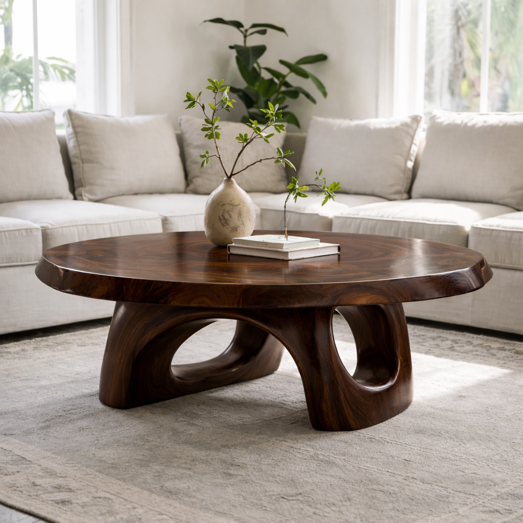 Solid Wood Sculptural Coffee Table – Round Organic Wooden Coffee Table