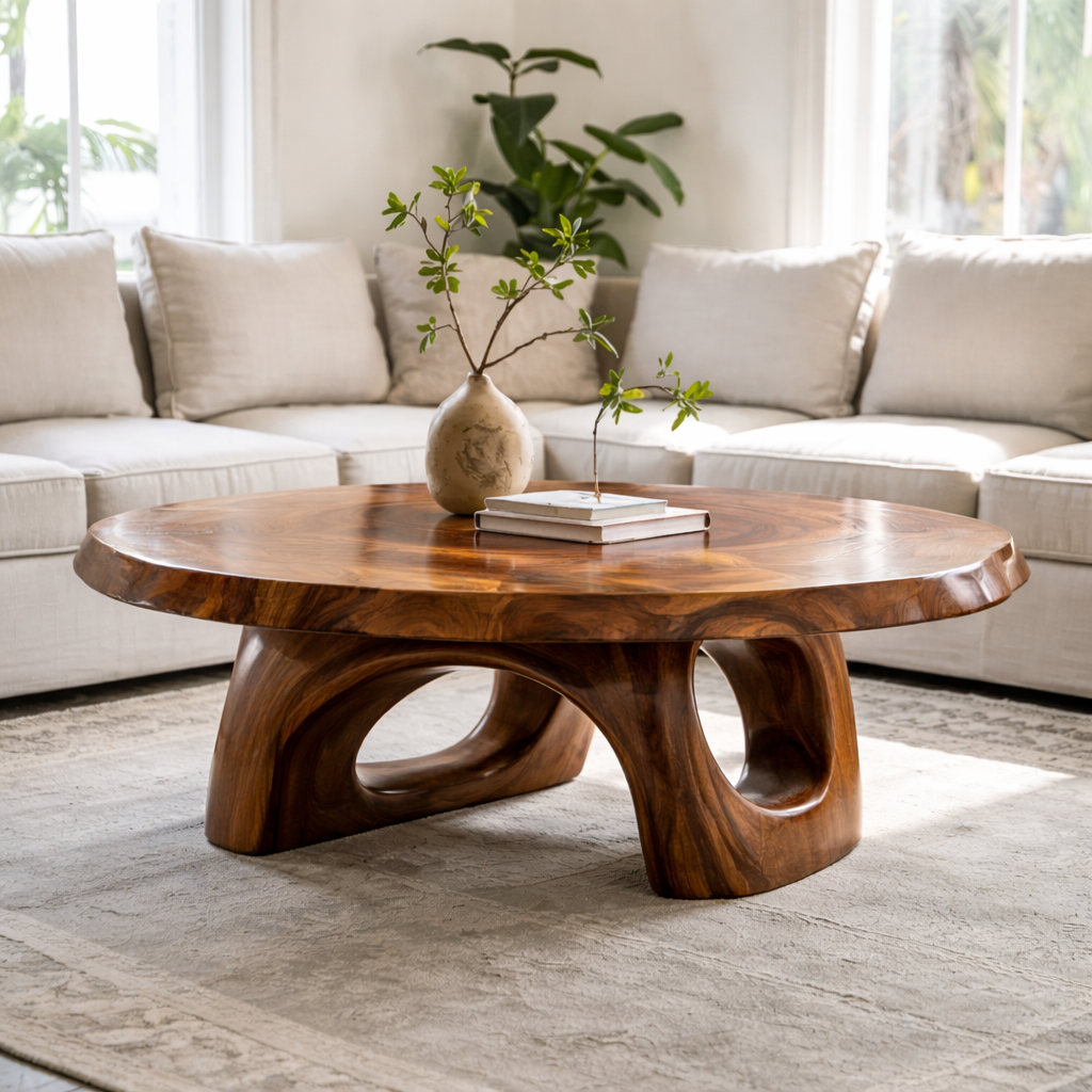 Solid Wood Sculptural Coffee Table – Round Organic Wooden Coffee Table