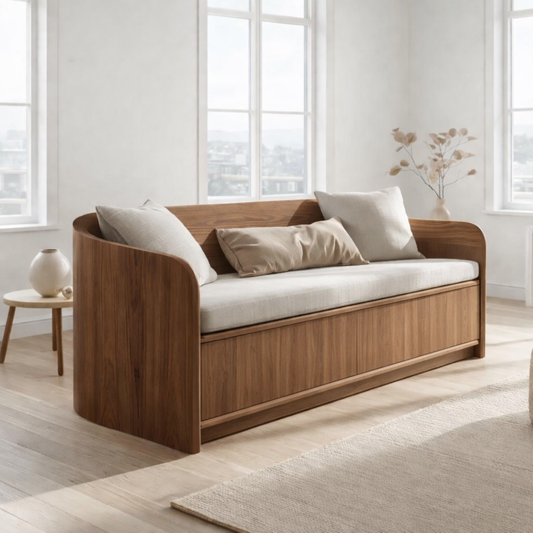 Solid Wood Storage Sofa – Curved Wooden Sofa with Hidden Storage Base