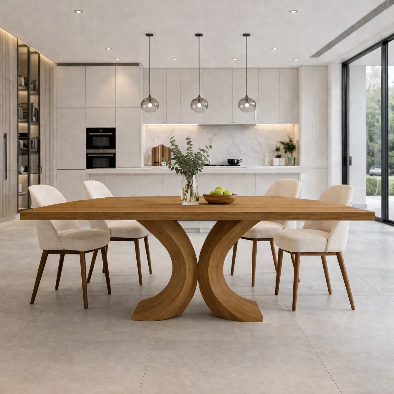 Solid Wood Dining Table with Curved Sculptural Base – Modern Minimalist Kitchen Table