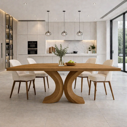 Solid Wood Dining Table with Curved Sculptural Base – Modern Minimalist Kitchen Table