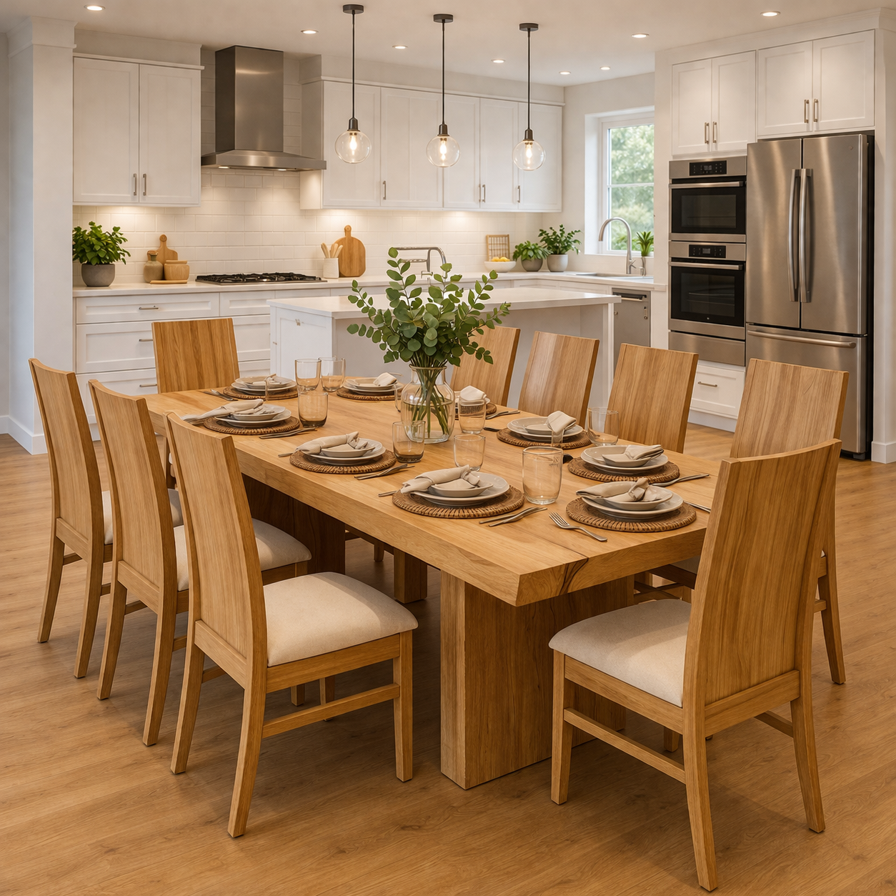 Solid Wood Dining Table with Chunky Pedestal Base – Modern Farmhouse Kitchen Table