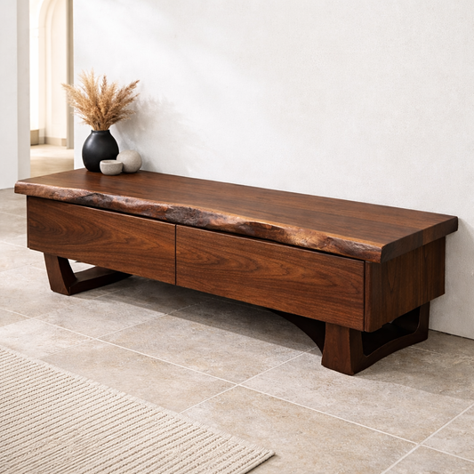 Solid Wood Entryway Bench with Drawers, Live Edge Storage Bench, Hallway Seating, Wooden Shoe Bench