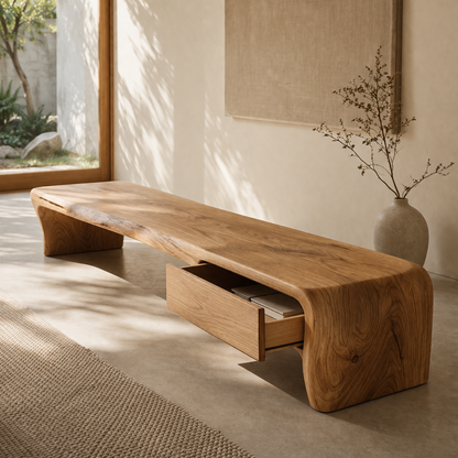 Solid Wood Entryway Bench with Hidden Drawer – Sculptural Minimalist Design