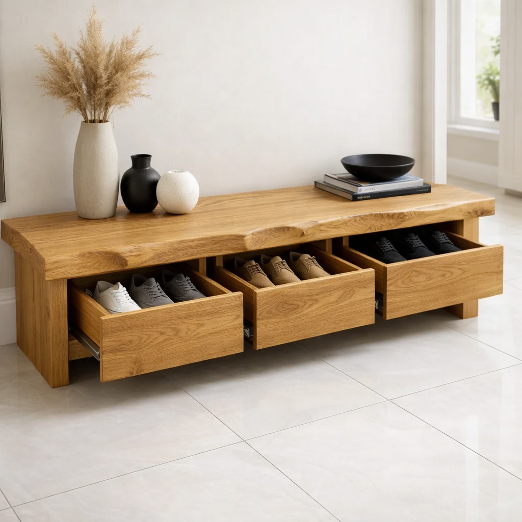 Solid Wood Entryway Bench with 3 Drawers – Hidden Shoe Storage Bench
