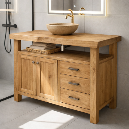 Rustic Solid Wood Bathroom Vanity with Double Door Cabinet and Three Drawers
