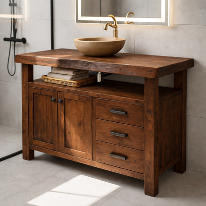 Rustic Solid Wood Bathroom Vanity with Double Door Cabinet and Three Drawers