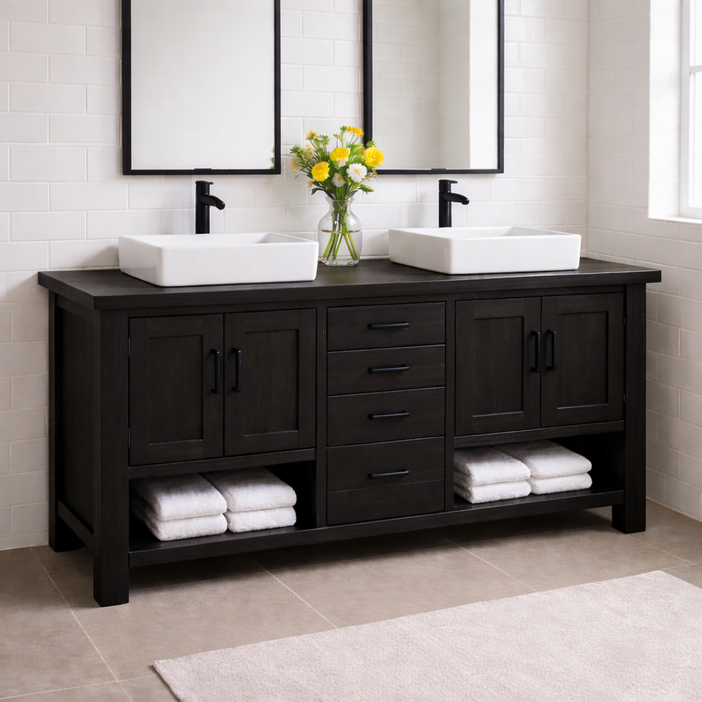 Solid Wood Double Bathroom Vanity with 4 Drawers & Dual Cabinets