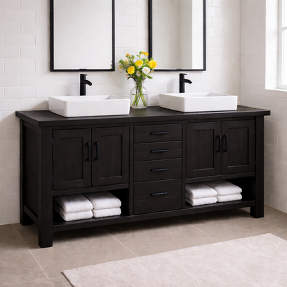 Solid Wood Double Bathroom Vanity with 4 Drawers & Dual Cabinets