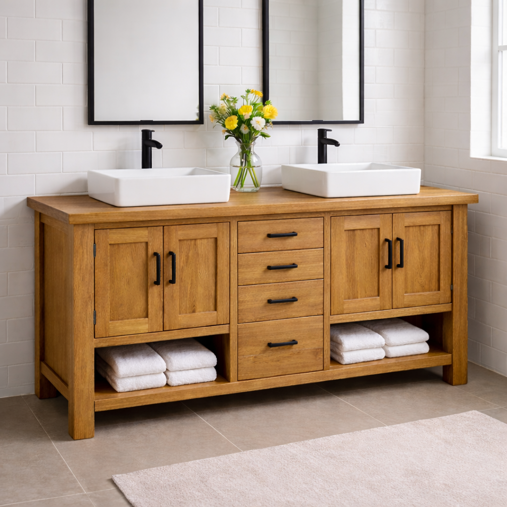 Solid Wood Double Bathroom Vanity with 4 Drawers & Dual Cabinets