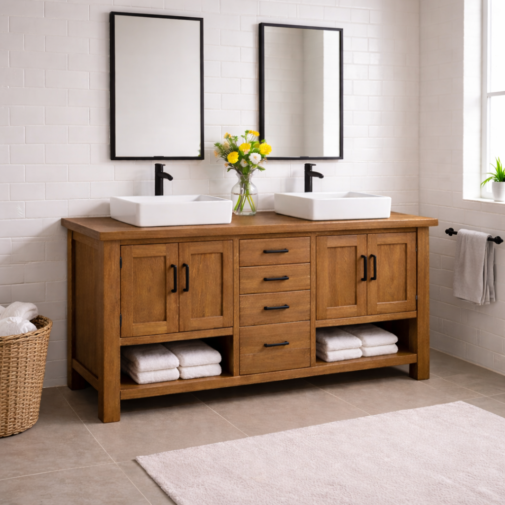 Solid Wood Double Bathroom Vanity with 4 Drawers & Dual Cabinets