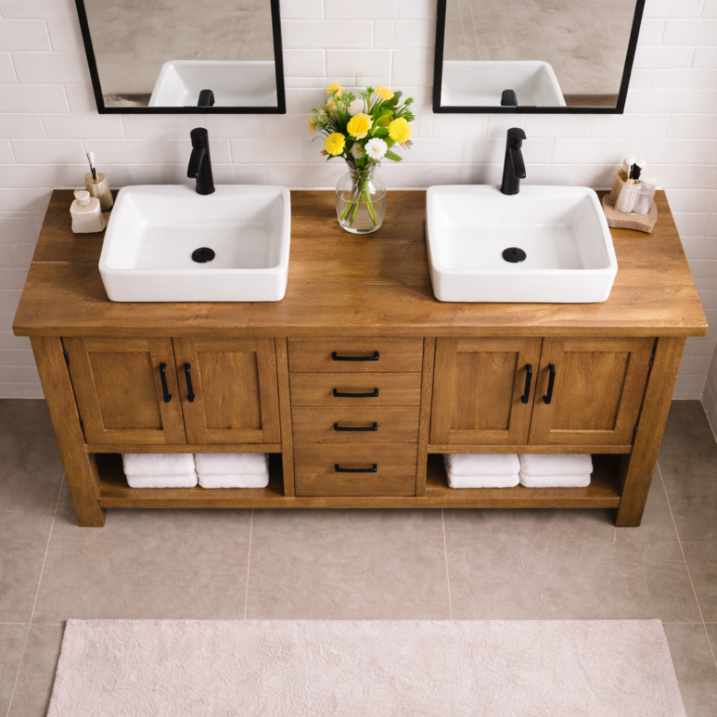 Solid Wood Double Bathroom Vanity with 4 Drawers & Dual Cabinets