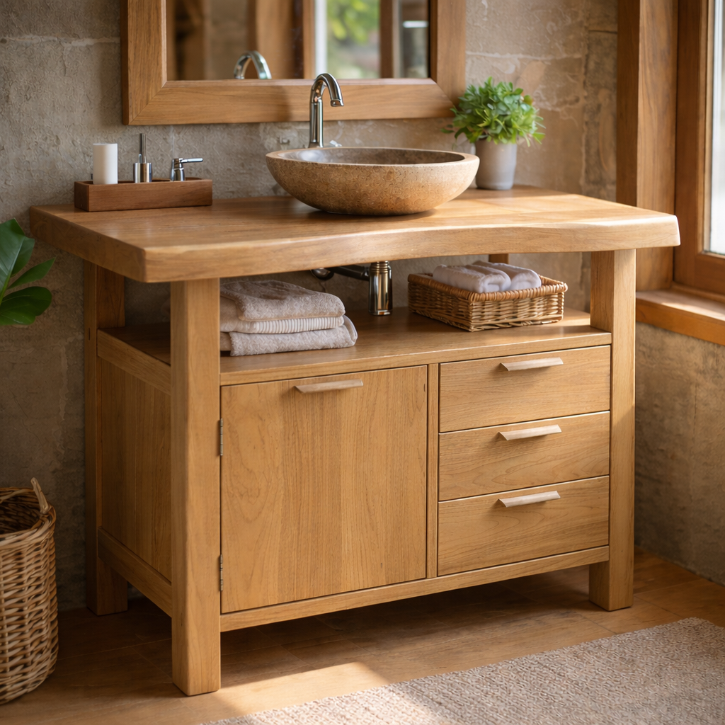 Solid Wood Bathroom Vanity with Cabinet Door, Three Drawers and Open Shelf for Rustic Modern Bathrooms