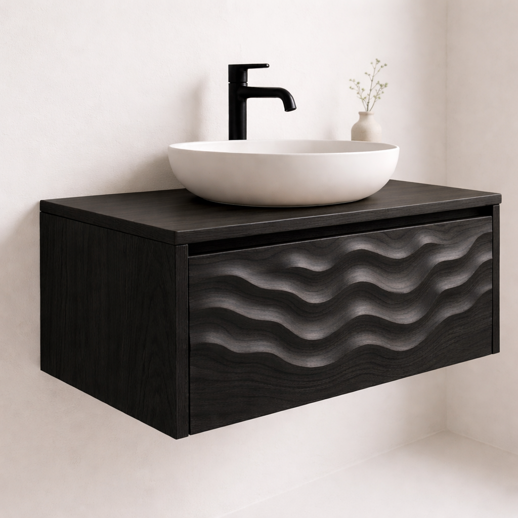 Floating Solid Wood Bathroom Vanity with Sculpted Wave Front