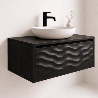 Floating Solid Wood Bathroom Vanity with Sculpted Wave Front