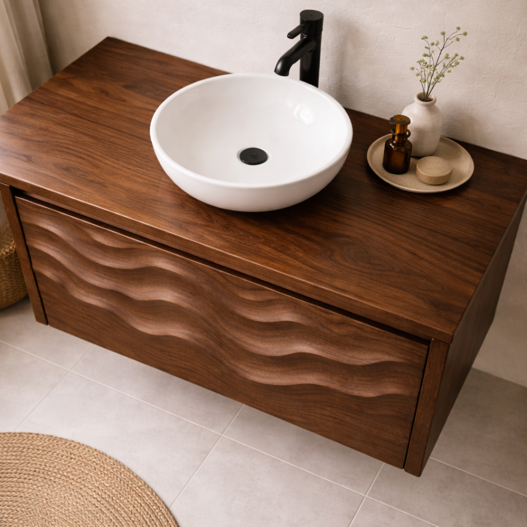Floating Solid Wood Bathroom Vanity with Sculpted Wave Front