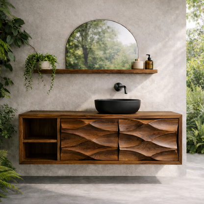 Floating Solid Wood Bathroom Vanity with Carved Double Doors and Open Shelf