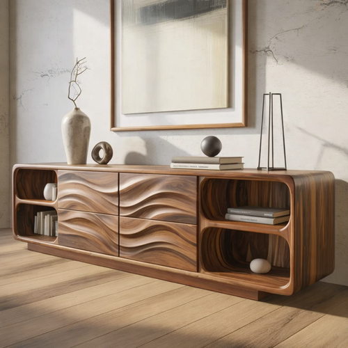 Solid Wood Console Table with Wave Carved Drawers and Open Shelf Design