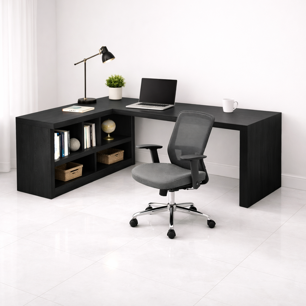 Solid Wood L-Shaped Desk with Open Shelves for Home Office