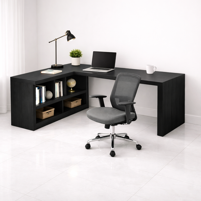 Solid Wood L-Shaped Desk with Open Shelves for Home Office
