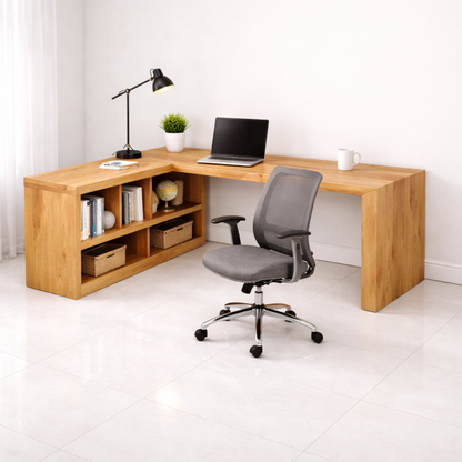 Solid Wood L-Shaped Desk with Open Shelves for Home Office