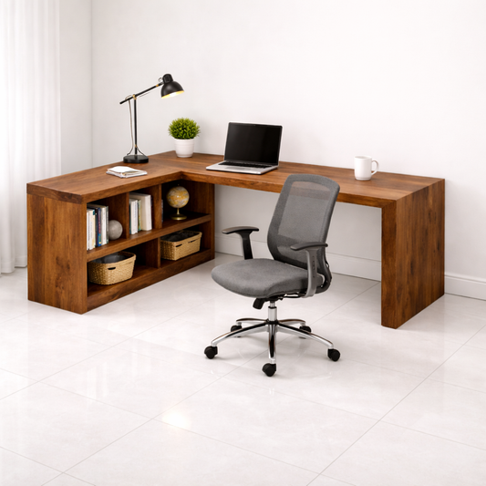 Solid Wood L-Shaped Desk with Open Shelves for Home Office