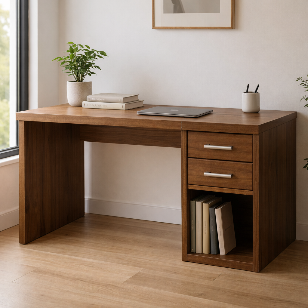 Solid Wood Desk with Drawers and Open Storage for Home Office