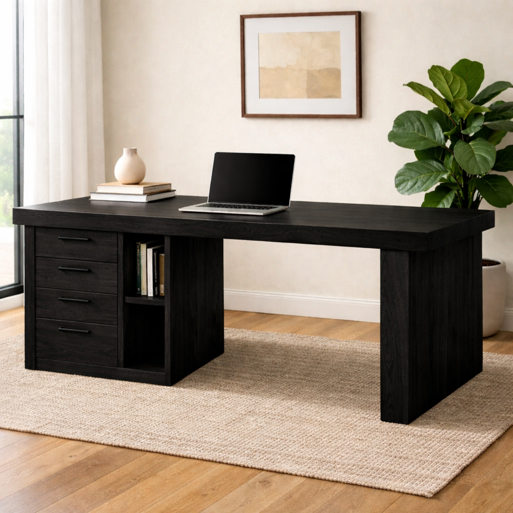 Handcrafted Solid Wood Office Desk with Storage Drawers and Open Shelf