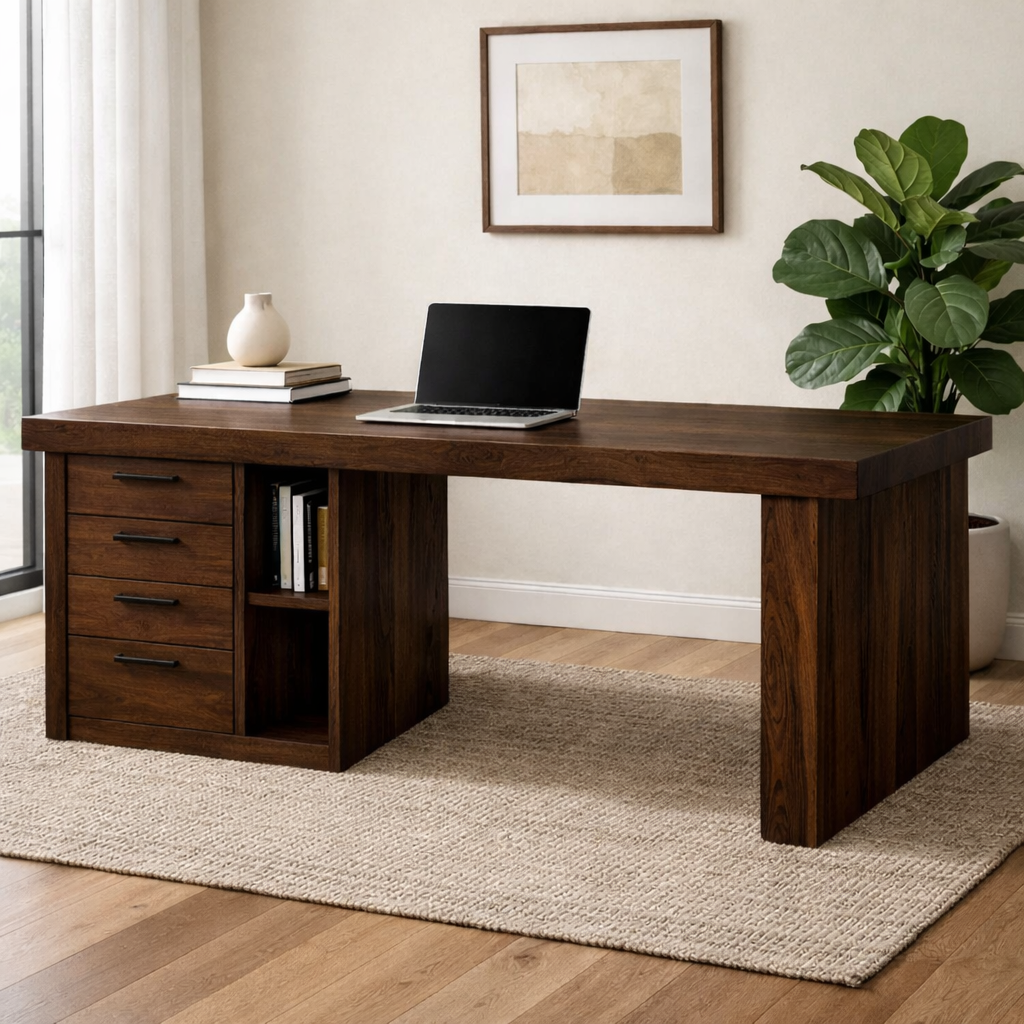 Handcrafted Solid Wood Office Desk with Storage Drawers and Open Shelf