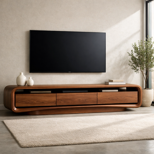 Solid Wood Curved TV Stand with Storage Drawers for Modern Living Room