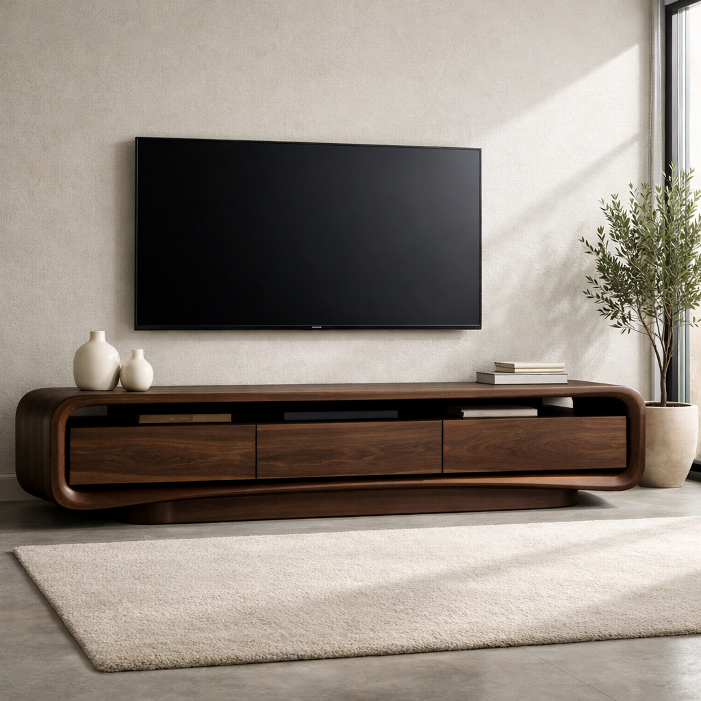 Solid Wood Curved TV Stand with Storage Drawers for Modern Living Room