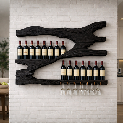 Live Edge Solid Wood Wine Rack Wall Shelf with Glass Holder