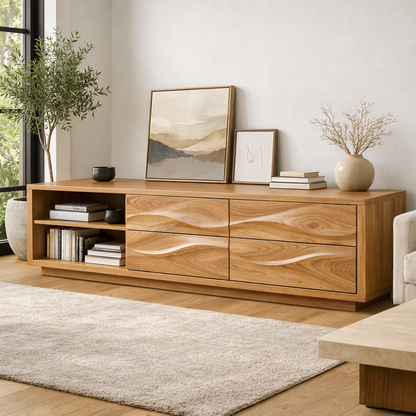 Solid Wood Wave Drawer TV Stand with Open Shelf for Modern Living Room
