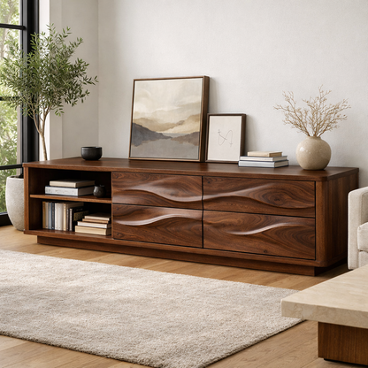 Solid Wood Wave Drawer TV Stand with Open Shelf for Modern Living Room