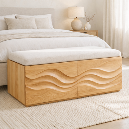 Solid Wood Storage Bench with Wave Carved Front for Bedroom or Entryway