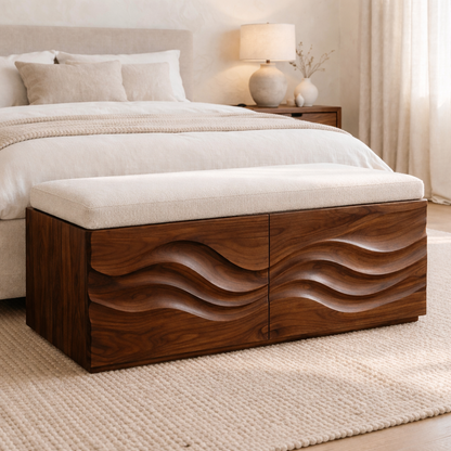 Solid Wood Storage Bench with Wave Carved Front for Bedroom or Entryway