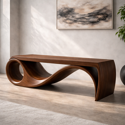 Solid Wood Sculptural Bench with Curved Wave Base Modern Design