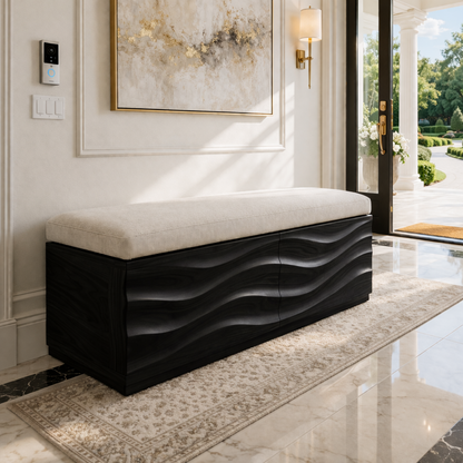 Solid Wood Storage Bench with Upholstered Top and Wave Carved Design