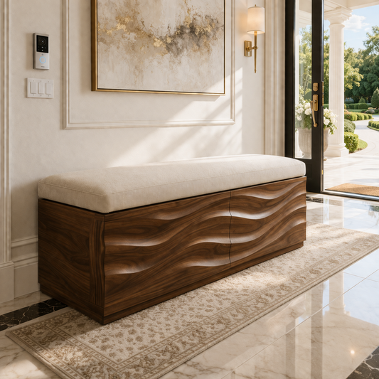 Solid Wood Storage Bench with Upholstered Top and Wave Carved Design